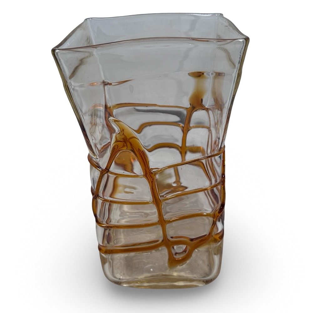 Fulvio Bianconi for Mazzega Murano MCM Decora a Rete Amber Clear Glass Vase